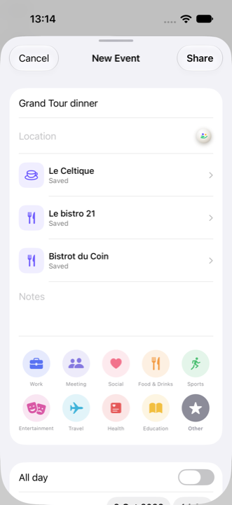 Zmeo new event form with saved places